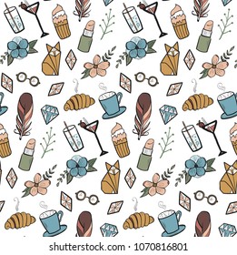 Seamless pattern with colorful  hand dranwn doodle  elements. Handmade vector illustration.
