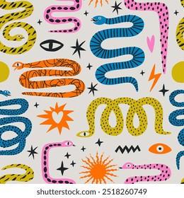 Seamless pattern of colorful hand draw Snakes.  Chinese New Year 2025. Trendy style.Vector illustration. Isolated