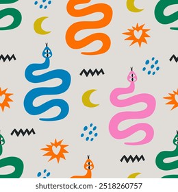 Seamless pattern of colorful hand draw Snakes.  Chinese New Year 2025. Trendy style.Vector illustration. Isolated