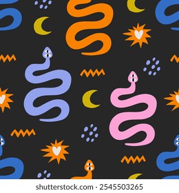 Seamless pattern of colorful hand draw Snakes.  Chinese New Year 2025. Trendy style.Vector illustration. Isolated