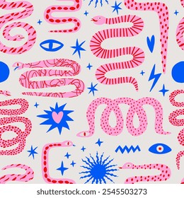 Seamless pattern of colorful hand draw Snakes.  Chinese New Year 2025. Trendy style.Vector illustration. Isolated