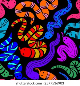 Seamless pattern of colorful hand draw Snakes. Trendy style.Vector illustration.