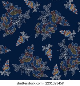 Seamless pattern Colorful hand drawing sketch garden flowers and line dash leaves in doodle style