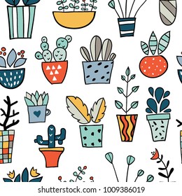 Seamless pattern with colorful hand drawn flower pots. Sketch style, doodle plants. Botany illustration. Vector. Isolated