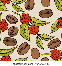 Seamless pattern with colorful hand drawn coffee tree branches
