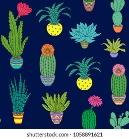 Seamless pattern with colorful hand drawn houseplant on white background.