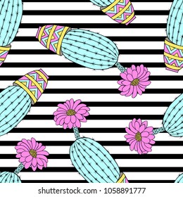 Seamless pattern with colorful hand drawn cactuses on striped background.