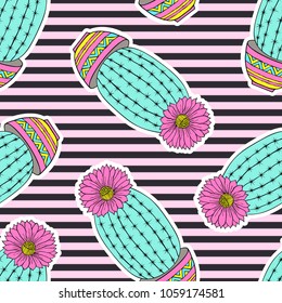 Seamless pattern with colorful hand drawn cactuses on striped background.