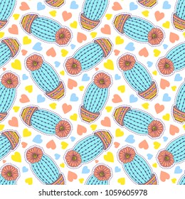 Seamless pattern with colorful hand drawn cactuses and hearts on white background.