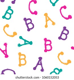 Seamless pattern with colorful hand drawn letters. Handwritten vector alphabet isolated on white background. Trendy design element.