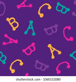 Seamless pattern with colorful hand drawn letters. Handwritten vector alphabet isolated on ultra violet background. Trendy design element.
