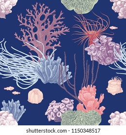 Seamless pattern with colorful hand drawn coral reef on dark blue background. Vector illustration in vintage style