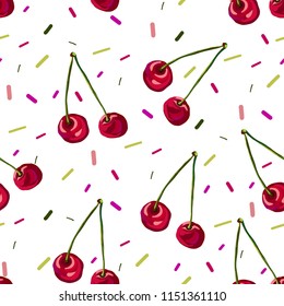 Seamless pattern with colorful hand drawn cherries