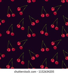 Seamless pattern with colorful hand drawn cherries on dark background