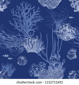 Seamless pattern with colorful hand drawn coral reef on dark blue background. Vector illustration in vintage style