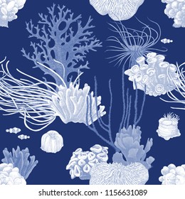 Seamless pattern with colorful hand drawn coral reef on dark blue background. Vector illustration in vintage style