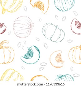 Seamless pattern with colorful hand drawn pumpkins and seeds on white background.