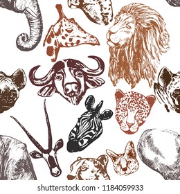 Seamless pattern of colorful hand drawn sketch style African animals isolated on white background. Vector illustration.