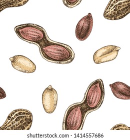 Seamless pattern with colorful hand drawn peanuts. Vector illustration