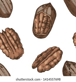 Nahtloses Muster mit bunten, handgezeichnet gezogenen Pekanmuttern. Vektorgrafik im Retro-Stil