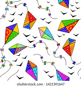 Seamless pattern with colorful hand drawn kites on white background