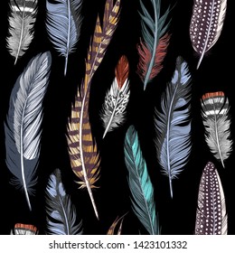 Seamless pattern with colorful hand drawn feathers on black background. Vector illustration