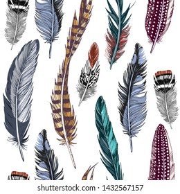 Seamless pattern with colorful hand drawn feathers. Vector illustration