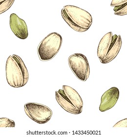 Patrón sin foco con coloridas nueces de pistacho dibujadas a mano. Ilustración del vector