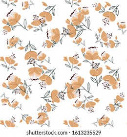 Seamless pattern with colorful hand drawn flowers. Original textile, wrapping paper, wall art surface design. Vector illustration. Floral simple minimalistic graphic design