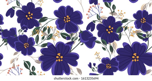 Seamless pattern with colorful hand drawn flowers. Original textile, wrapping paper, wall art surface design. Vector illustration. Floral simple minimalistic graphic design