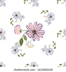 Seamless pattern with colorful hand drawn flowers. Original textile, wrapping paper, wall art surface design. Vector illustration. Floral simple minimalistic graphic design
