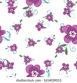 Seamless pattern with colorful hand drawn flowers. Original textile, wrapping paper, wall art surface design. Vector illustration. Floral simple minimalistic graphic design