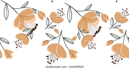 Seamless pattern with colorful hand drawn flowers. Original textile, wrapping paper, wall art surface design. Vector illustration. Floral simple minimalistic graphic design