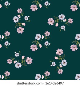 Seamless pattern with colorful hand drawn flowers. Original textile, wrapping paper, wall art surface design. Vector illustration. Floral simple minimalistic graphic design