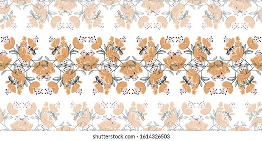 Seamless pattern with colorful hand drawn flowers. Original textile, wrapping paper, wall art surface design. Vector illustration. Floral simple minimalistic graphic design