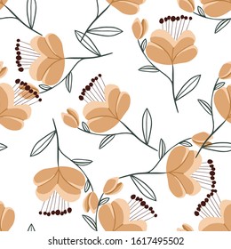 Seamless pattern with colorful hand drawn flowers. Original textile, wrapping paper, wall art surface design. Vector illustration. Floral simple minimalistic graphic design