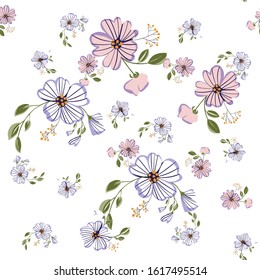 Seamless pattern with colorful hand drawn flowers. Original textile, wrapping paper, wall art surface design. Vector illustration. Floral simple minimalistic graphic design