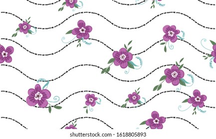 Seamless pattern with colorful hand drawn flowers. Original textile, wrapping paper, wall art surface design. Vector illustration. Floral simple minimalistic graphic design