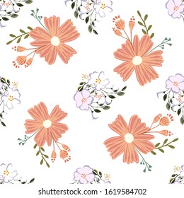 Seamless pattern with colorful hand drawn flowers. Original textile, wrapping paper, wall art surface design. Vector illustration. Floral simple minimalistic graphic