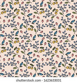 Seamless pattern with colorful hand drawn berries on a beige background. It can be used for decoration of textile, paper and other surfaces. 