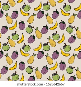 Seamless pattern with colorful hand drawn fruits on a beige background. It can be used for decoration of textile, paper and other surfaces. 