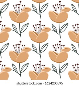 Seamless pattern with colorful hand drawn flowers. Original textile, wrapping paper, wall art surface design. Vector illustration. Floral simple minimalistic graphic design