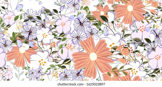 Seamless pattern with colorful hand drawn flowers. Original textile, wrapping paper, wall art surface design. Vector illustration. Floral simple minimalistic graphic