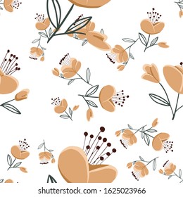 Seamless pattern with colorful hand drawn flowers. Original textile, wrapping paper, wall art surface design. Vector illustration. Floral simple minimalistic graphic design