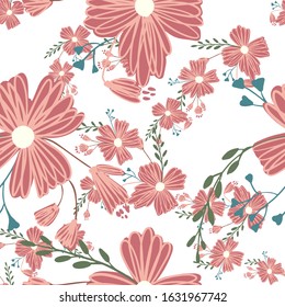 Seamless pattern with colorful hand drawn flowers. Original textile, wrapping paper, wall art surface design. Vector illustration. Floral simple minimalistic graphic