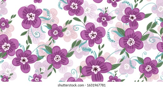 Seamless pattern with colorful hand drawn flowers. Original textile, wrapping paper, wall art surface design. Vector illustration. Floral simple minimalistic graphic design