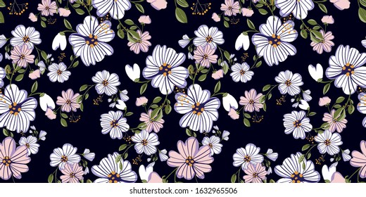 Seamless pattern with colorful hand drawn flowers. Original textile, wrapping paper, wall art surface design. Vector illustration. Floral simple minimalistic graphic design