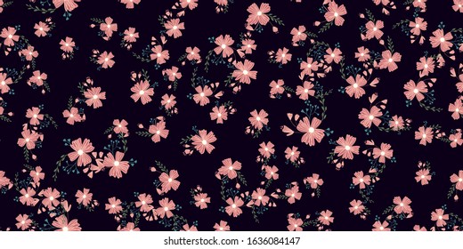 Seamless pattern with colorful hand drawn flowers. Original textile, wrapping paper, wall art surface design. Vector illustration. Floral simple minimalistic graphic