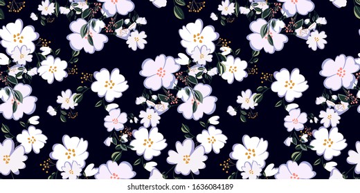 Seamless pattern with colorful hand drawn flowers. Original textile, wrapping paper, wall art surface design. Vector illustration. Floral simple minimalistic graphic design