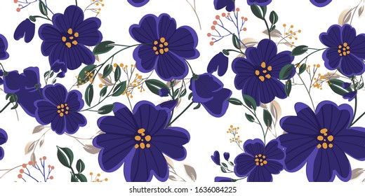 Seamless pattern with colorful hand drawn flowers. Original textile, wrapping paper, wall art surface design. Vector illustration. Floral simple minimalistic graphic design